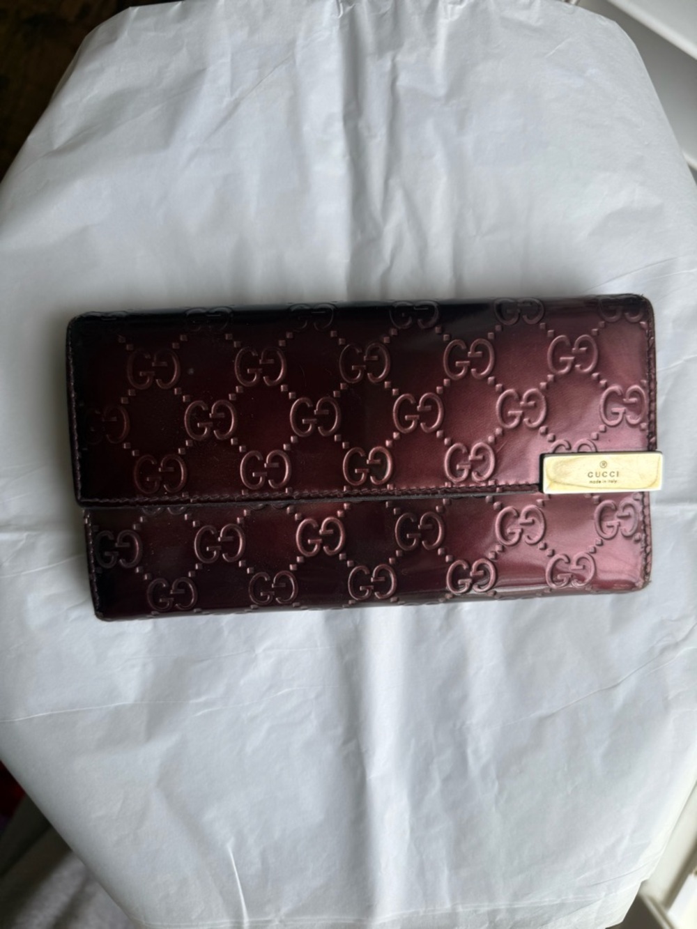 Gucci Vintage Patent Wallet Burgundy Ombre GG Continental with Gold Plaque